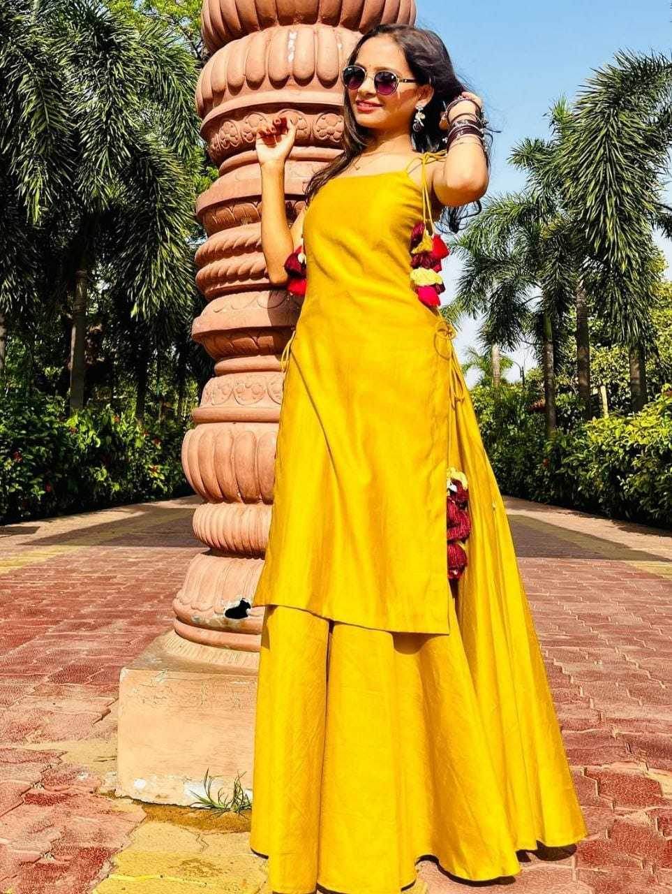 Georgette Yellow Kurti With Palazzo - MYLUXURY LANE ENTERPRISE